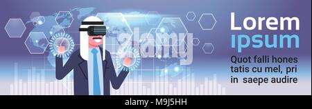 Arab Businessman In Vr Glasses Using Digital Screen Interface With World Map Background Virtual Reality Technology Concept Stock Vector