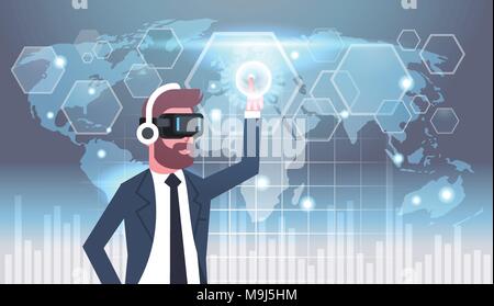 Businessman In Vr Goggles Using User Interface With World Map Background Virtual Reality Glasses Technology Concept Stock Vector