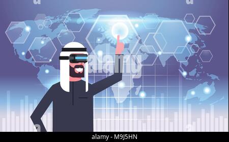 Muslim Businessman In Vr Goggles Using User Interface With World Map Background Virtual Reality Glasses Technology Concept Stock Vector