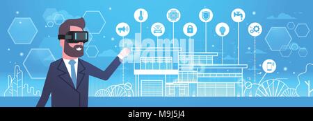 Man Wearing Modern 3d Glasses Using Smart Home Technology Of Automation, Innovation And Virtual Reality Concept Stock Vector