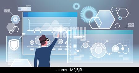 Back View Of Businessman In 3d Glasses Using Futuristic Interface Virtual Reality Technology Concept Stock Vector