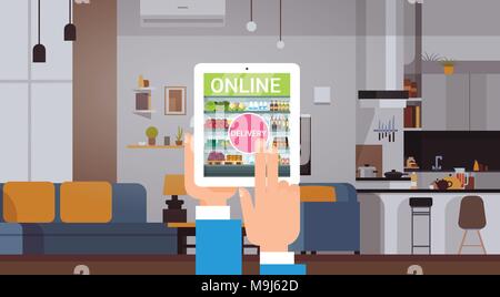 Online Grocery Products Delivery Service Concept People Ordering Food With Digital Tablet Application From Home Stock Vector