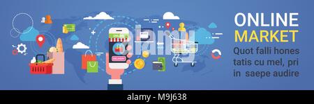 Online Market Hand Holding Smart Phone Ordering Products Grocery Shopping And Food Delivery Concept Horizontal Banner Stock Vector