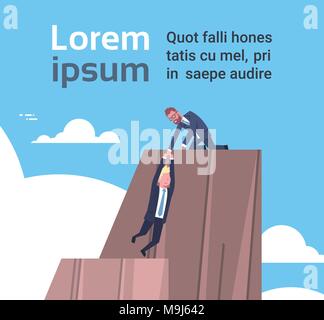 Businessman On Mountain Top Help Colleague To Climb Business Teamwork And Support Concept Stock Vector