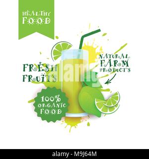 Fresh Lime Juice Logo Natural Food Farm Products Label Over Paint Splash Background Stock Vector