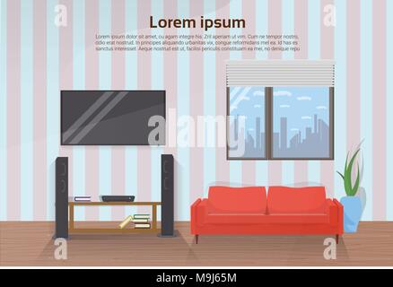 Modern Living Room Interior With Red Couch And Big Led Televison Set On Wall Stock Vector