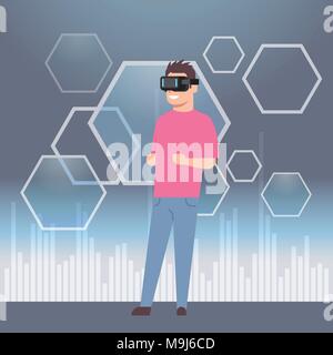 Young Man In Vr Headset Modern 3d Glasses Virtual Reality Technology Concept Stock Vector