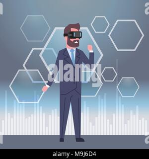 Business Man In Suit Wearing 3d Headset Virtual Reality Glasses Technology Concept Stock Vector