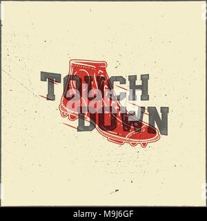 Classic college t shirt design. American football tee graphic design. Touchdown sign. USA football vintage t shirt with retro football boots. Retro sports poster. Stock vector Stock Vector