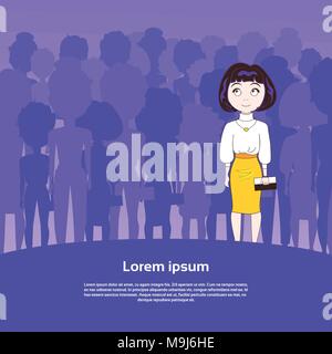 Cute Young Woman Standing Over Silhouette People Group With Copy Space Background Stock Vector