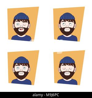 Set Of Hipster Man Faces With Different Expressions Bearded Guy Emotions Icons Collection Stock Vector