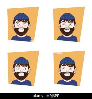 Set Of Young Bearded Man Facial Expressions Collection Of Hipster Guy Different Emotions Icons Stock Vector