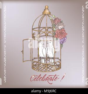 Romantic vintage Wedding invitation card template with calligraphy and white doves in cage color sketch. Stock Vector