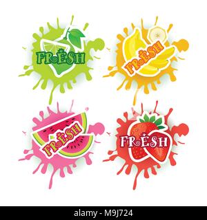 Set Of Fresh Juice Logo Fruits Over Paint Splash Background Natural Food Farm Products Concept Stock Vector