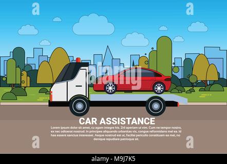 Car Assistance Concept With Roadside Service Towing Vehicle Evacuation Banner Stock Vector