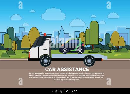 Car Towing Assistance Concept With Roadside Service Of Evacuation Banner Stock Vector