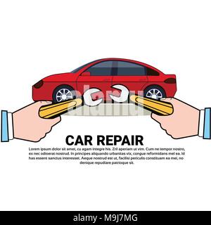 Car Repair Service Icon Hand Holding Wrench Over Auto Vehicle Shop Or Center Concept Stock Vector