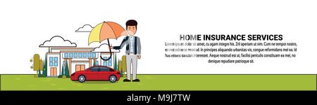 Home Insurance Services Banner With Man Holding Umbrella Over House And Car Property Protection And Safety Stock Vector