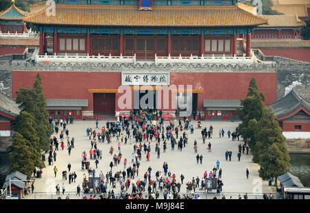 The north gate of the Forbidden city in Beijing, China, with many visitors, seen from Jingshan park. Stock Photo