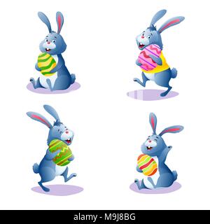 Cute cartoon rabbit set with chocolate easter painted eggs. Happy bunny collection isolated on white background. Decoration for greeting card, banner. Stock Vector
