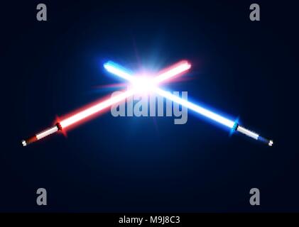 Red and blue crossed light neon swords with trembling blade fight. Laser sabers war design. Scifi style. Glowing rays in space. Battle elements with s Stock Vector