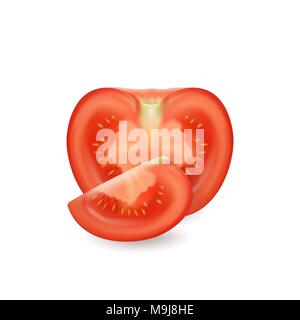Vector 3d realistic juicy tomato closeup isolated on white background. Slice and quarter of a tomato. Design template, clipart for graphics Stock Vector