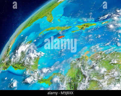 Country of Jamaica in red on planet Earth with atmosphere. 3D illustration. Elements of this image furnished by NASA. Stock Photo