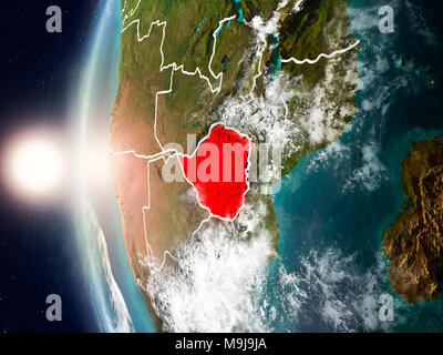 Satellite view of Zimbabwe highlighted in red on planet Earth with clouds and visible country borders during sunset. 3D illustration. Elements of this Stock Photo