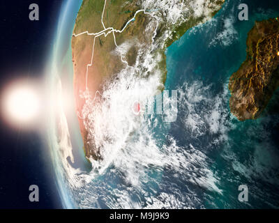 Swaziland during sunrise highlighted in red on planet Earth with ...