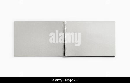 Photo of open sketchbook with blank pages on white paper background. Responsive design template. Flat lay. Stock Photo