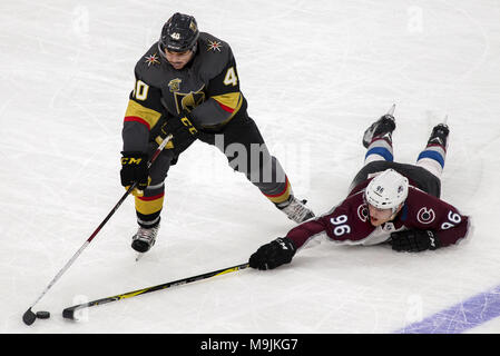 Las Vegas, Nevada, USA. 26th Mar, 2018. Vegas Golden Knights center Ryan Carpenter (40) and Colorado Avalanche right wing Mikko Rantanen (96) fight for control of a puck during the third period of an NHL game at T-Mobile Arena on Monday, March 26, 2018, in Las Vegas. L.E. Baskow Credit: L.E. Baskow/ZUMA Wire/Alamy Live News Stock Photo