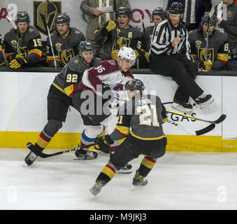 Las Vegas, Nevada, USA. 26th Mar, 2018. Colorado Avalanche right wing Mikko Rantanen (96) is double teamed by Vegas Golden Knights left wing Tomas Nosek (92) and center Cody Eakin (21) during the second period of an NHL game at T-Mobile Arena on Monday, March 26, 2018, in Las Vegas. L.E. Baskow Credit: L.E. Baskow/ZUMA Wire/Alamy Live News Stock Photo