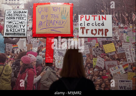 London, UK.  27 March 2018. Placards from 'Women's March', US and London, 2017.   Preview of 'Hope to Nope:  Graphics and Politics 2008-18', an exhibition examining the political graphic design of a turbulent decade encompassing the 2008 financial crash, Barack Obama presidency, Brexit and Donald Trump's presidency.  The exhibition takes place at the Design Museum 28 March to 12 August 2018.  Credit: Stephen Chung / Alamy Live News Stock Photo