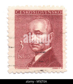 Edvard Benes, second Czechoslovak president on postage stamp, printed in Prague, Czechoslovakia (now Czech Republic) in 1946, value 3 crowns. Stock Photo