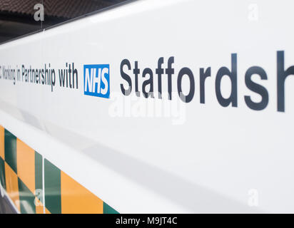 NHS Staffordshire signage on Ambulances at the Royal Stoke Hospital Stock Photo