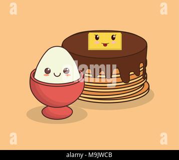 kawaii pancakes and egg over orange background, colorful design. vector illustration Stock Vector