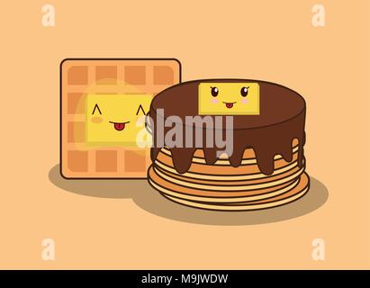 kawaii pancakes and waffles over orange background, colorful design. vector illustration Stock Vector