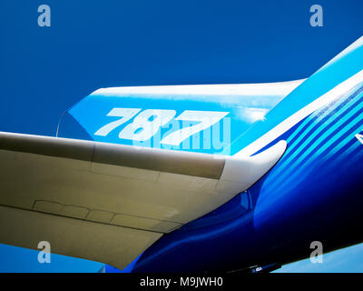 787 Boeing Dreamliner tail and wing at International Aviation & Space Salon in Moscow MAKS, August 16 2011, Russia. ZHUKOWSKY Stock Photo