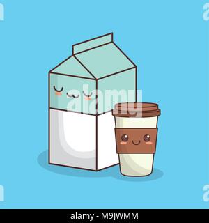 kawaii milk box and coffee cup over blue background, colorful design. vector illustration Stock Vector
