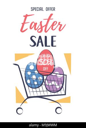 Easter Sale. Colorful banner, flyer, background with Easter Eggs, Shopping Cart, and sales text. Flat Vector illustration. Stock Vector