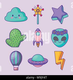 icon set of cute related icons over purple background, colorful design. vector illustration Stock Vector
