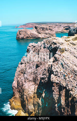 Rocks, sea and vegetation, Cabo da roca cape, Portugal. Stock Photo