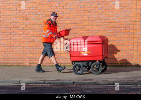 Royal Mail Postman dressed in his uniform wearing shorts, pushing a trolley and delivering the mail in Glasgow, Scotland, UK Stock Photo