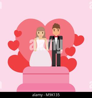 Wedding cake with just married couple topper over hearts and pink  background, colorful design vector illustration Stock Vector