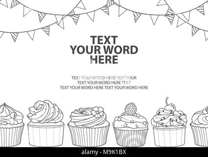 5 styles of cupcakes with topping and party flag in gray outline style on white background and space for text. Poster or background design in vector i Stock Vector