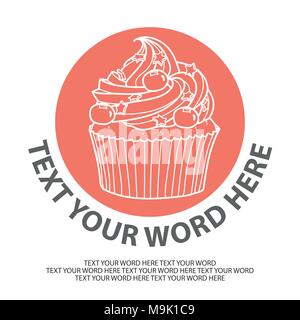 Cupcake in white outline and in red circle on white background and space for text. Logo or background design in vector illustration. Stock Vector
