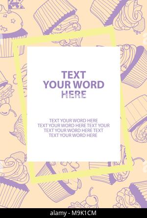Cupcakes in pastel violet outline random on pink background and space for text. Poster or background design in vector illustration. Stock Vector