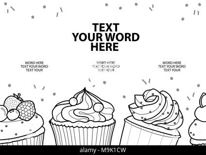 4 styles of cupcakes with topping in black outline style on white background and space for text. Poster or background design in vector illustration. Stock Vector