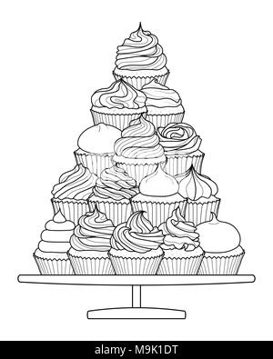 9 styles of cupcakes in black outline put on stand on white background ...