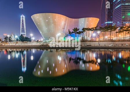 INCHEON, REPUBLIC OF KOREA - FEBURARY 10, 2016:  This is a night view of the famous Tri-Bowl building in Songdo financial district's Central park on F Stock Photo